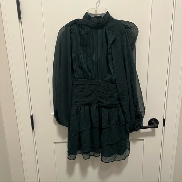 NWT EXPRESS Mock Neck Long Sleeve Pleated Waist Tiered Ruffle Mini Dress Emerald - Picture 3 of 9